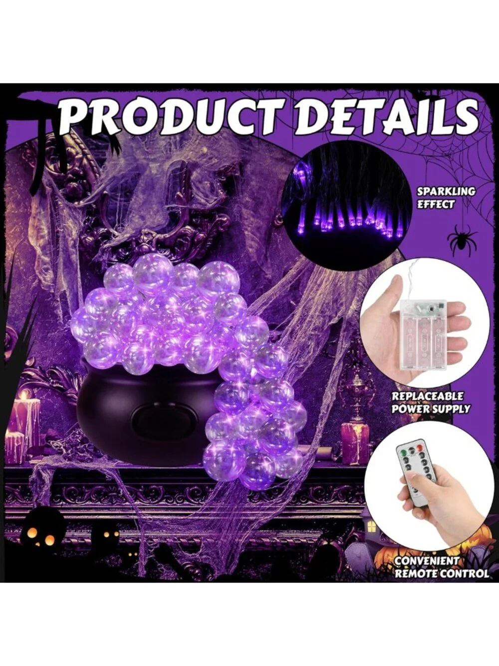 Spooky Halloween Cauldron Decor Set - Bubbling Bowl with Lights & Plastic Balls